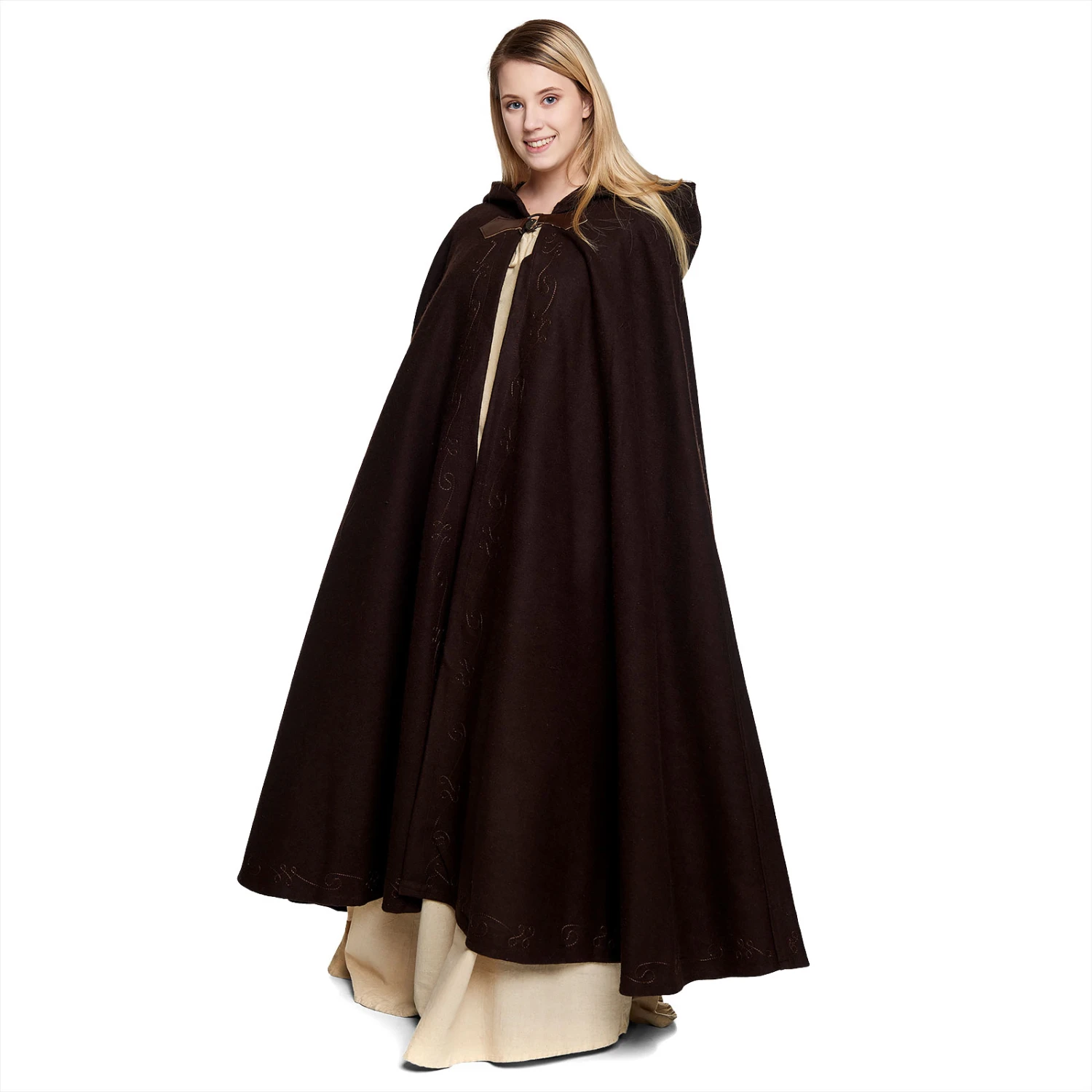 Mittelalter Woll Umhang Damen Mit Kapuze Stickerei Metallschließe Braun – Bild 4